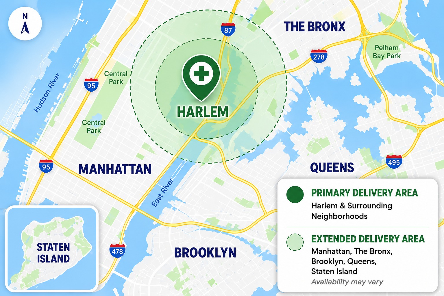 Preferred Pharmacy delivery area map — Harlem primary, extended NYC boroughs
