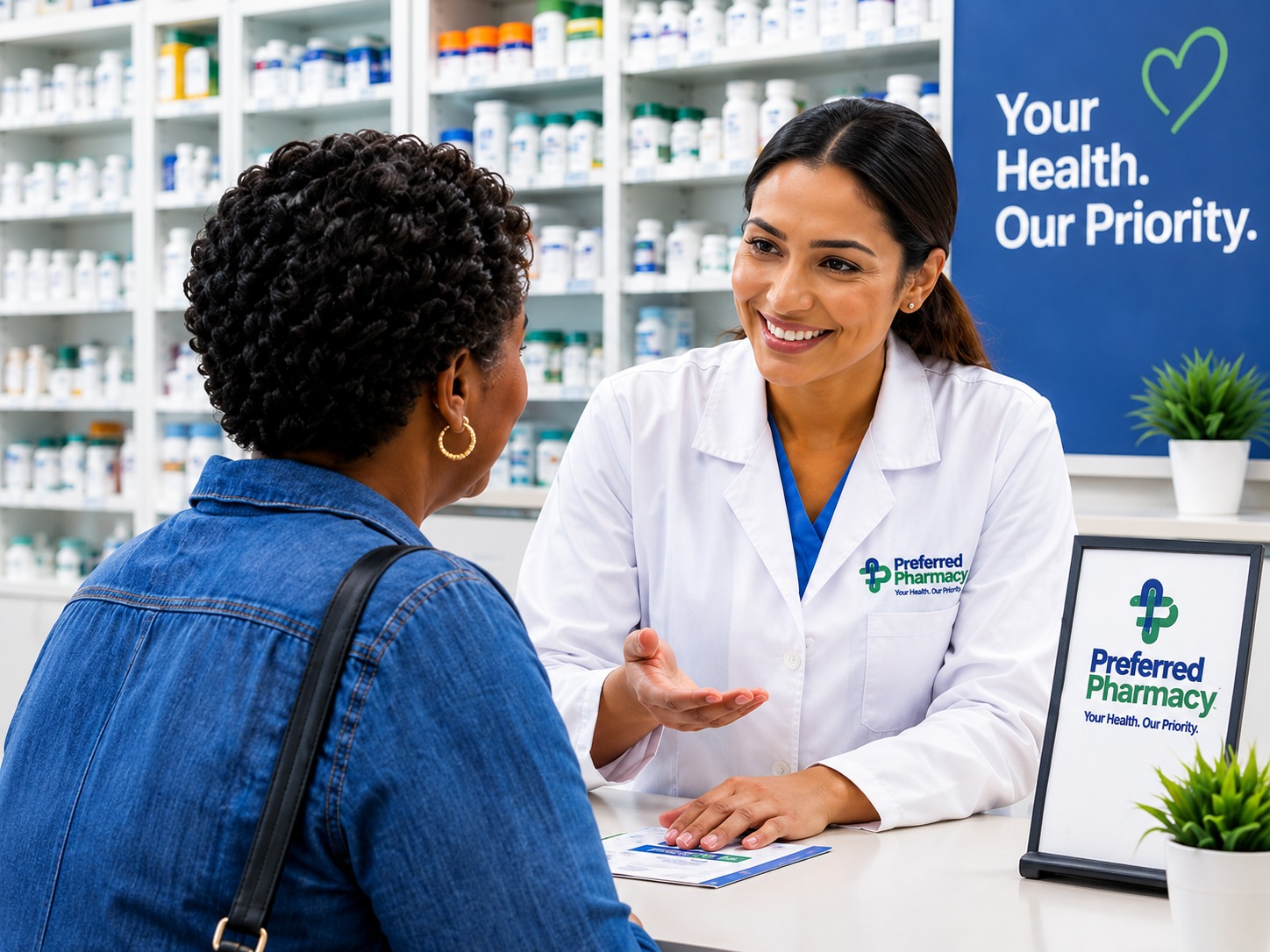 Preferred Pharmacy pharmacist assisting a patient