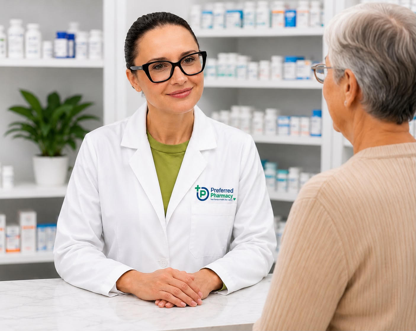 Pharmacist consulting a patient at Preferred Pharmacy in Harlem NYC