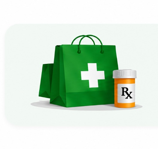 Prescription bag and medication bottle icon