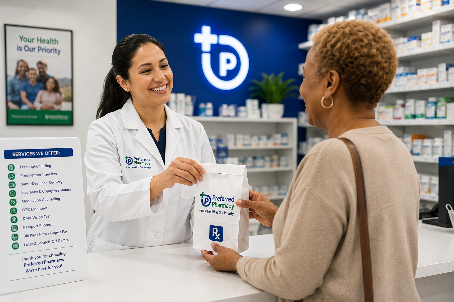 Preferred Pharmacy pharmacist handing prescription bag to patient