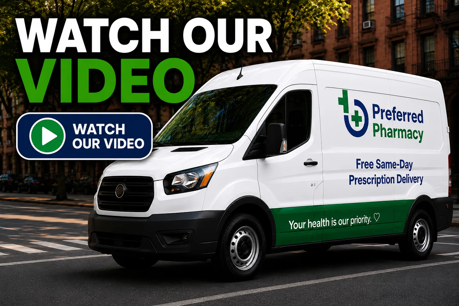 Preferred Pharmacy delivery van with Watch Our Video message