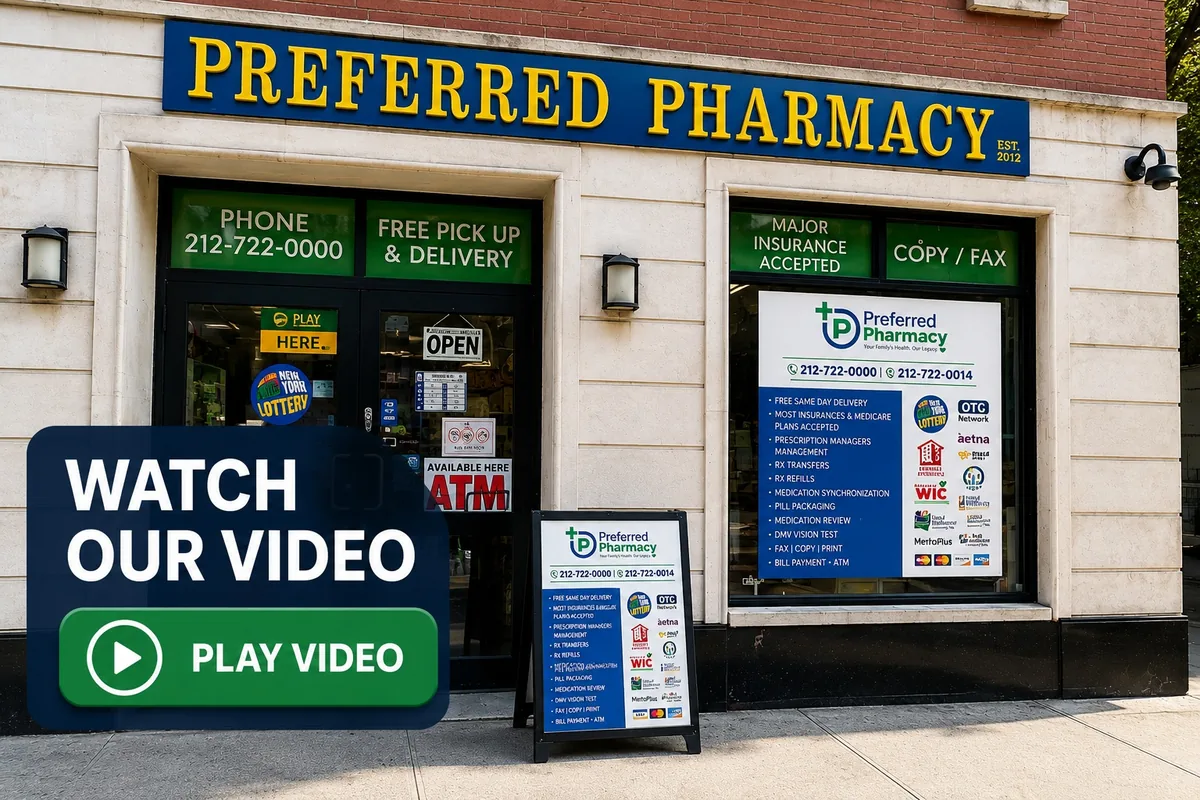 Preferred Pharmacy storefront at 3 E 115th St in Harlem with a button to play our pharmacy video