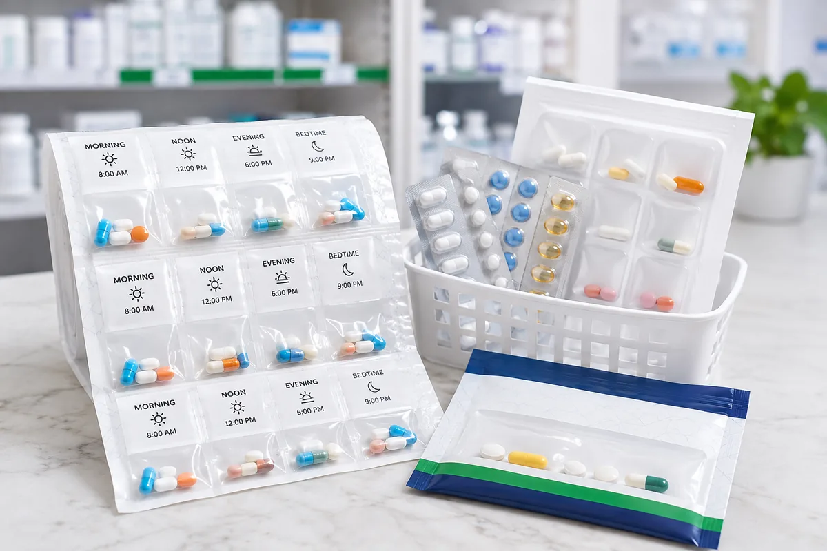 Medication packaging with organized pill packs and blister packs at Preferred Pharmacy