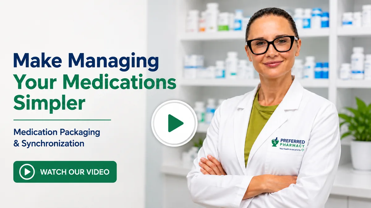 Anna from Preferred Pharmacy introducing a video about medication packaging and Med Sync