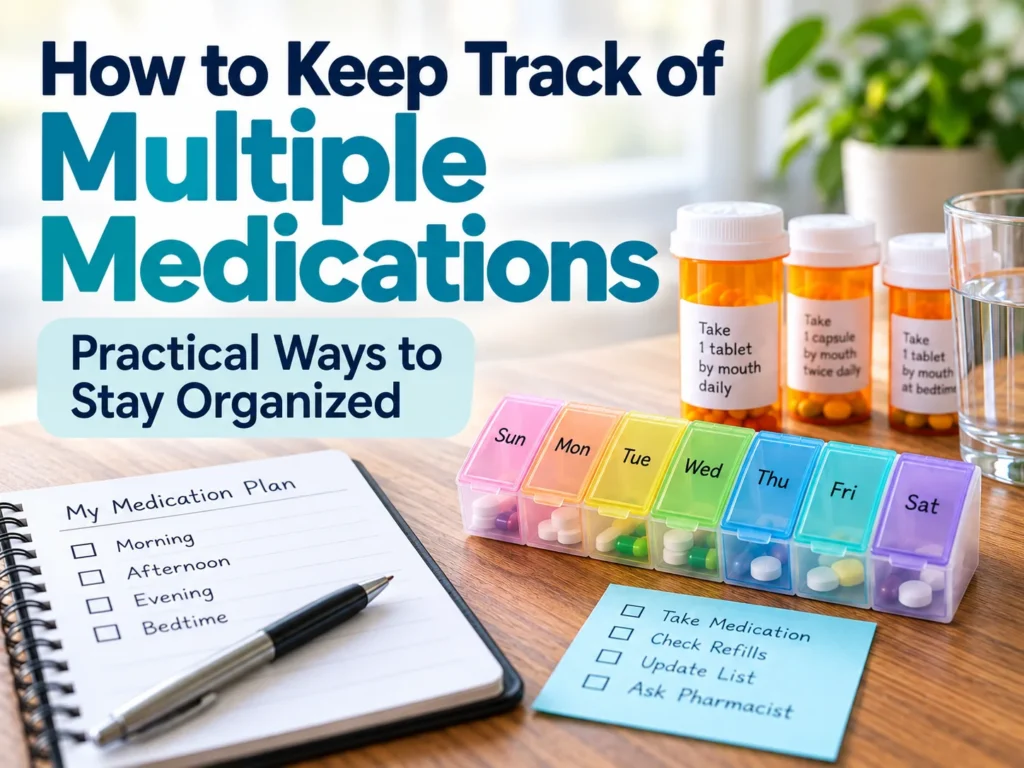 Medication schedule, weekly pill organizer, and prescription bottles for keeping track of multiple medications