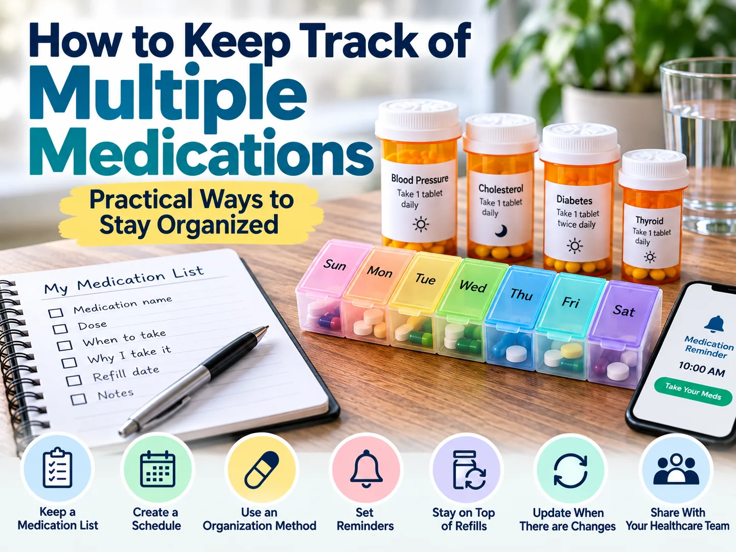 Medication list, weekly pill organizer, reminders, and refill tracking for managing multiple medications