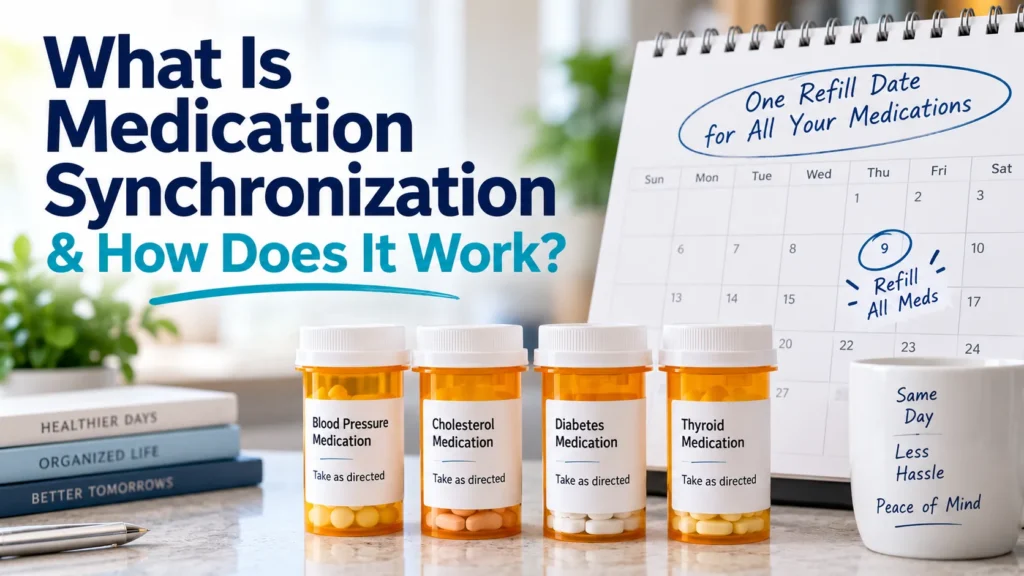 Medication synchronization illustrated with prescription bottles and a coordinated refill date on a calendar