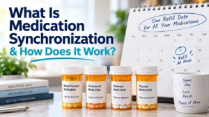 Medication synchronization illustrated with prescription bottles and a coordinated refill date on a calendar