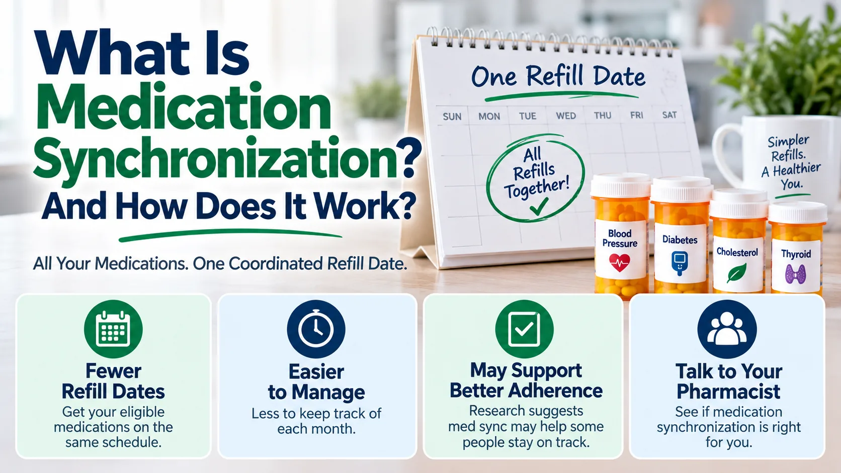 Medication synchronization showing eligible prescriptions coordinated around one refill date