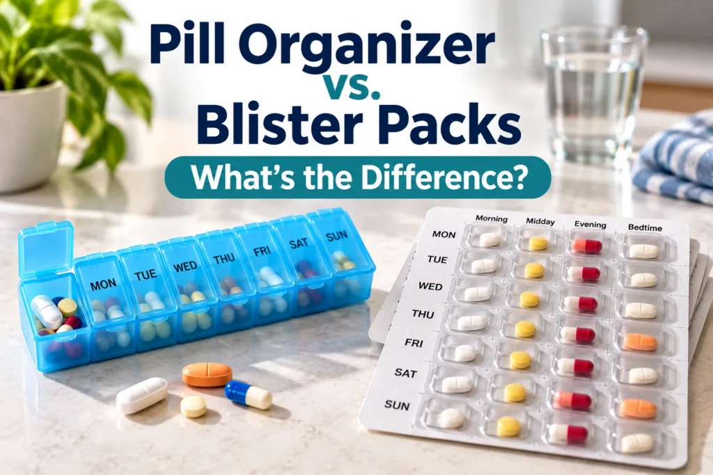 Pill organizer compared with pharmacy blister packs for medication organization
