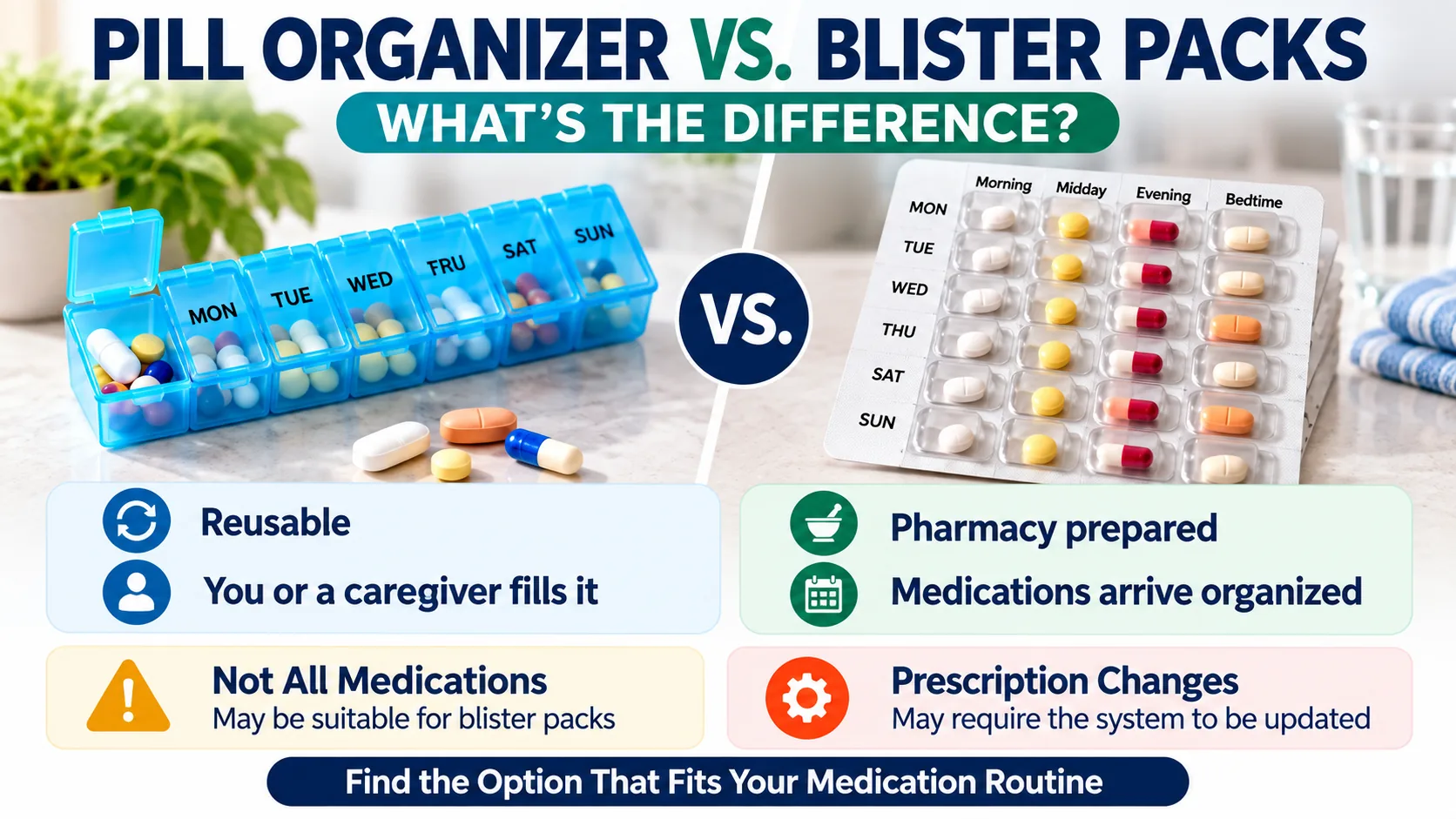 Pill organizer vs. pharmacy blister packs showing key medication organization differences