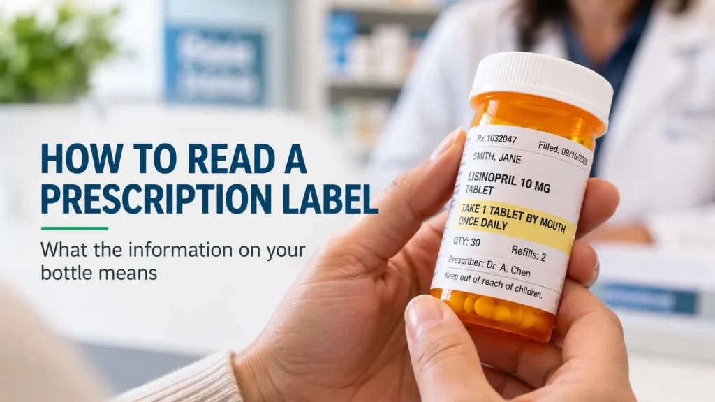 How to read a prescription label showing medication name, strength, directions, Rx number, and refill information