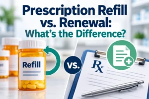 Prescription refill vs. renewal educational graphic showing a refill bottle and a new prescription