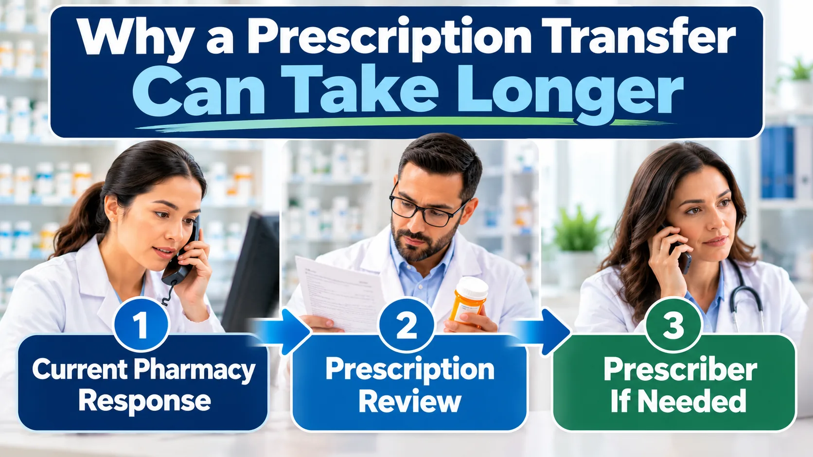 Prescription transfer infographic showing current pharmacy response, prescription review, and prescriber contact if needed
