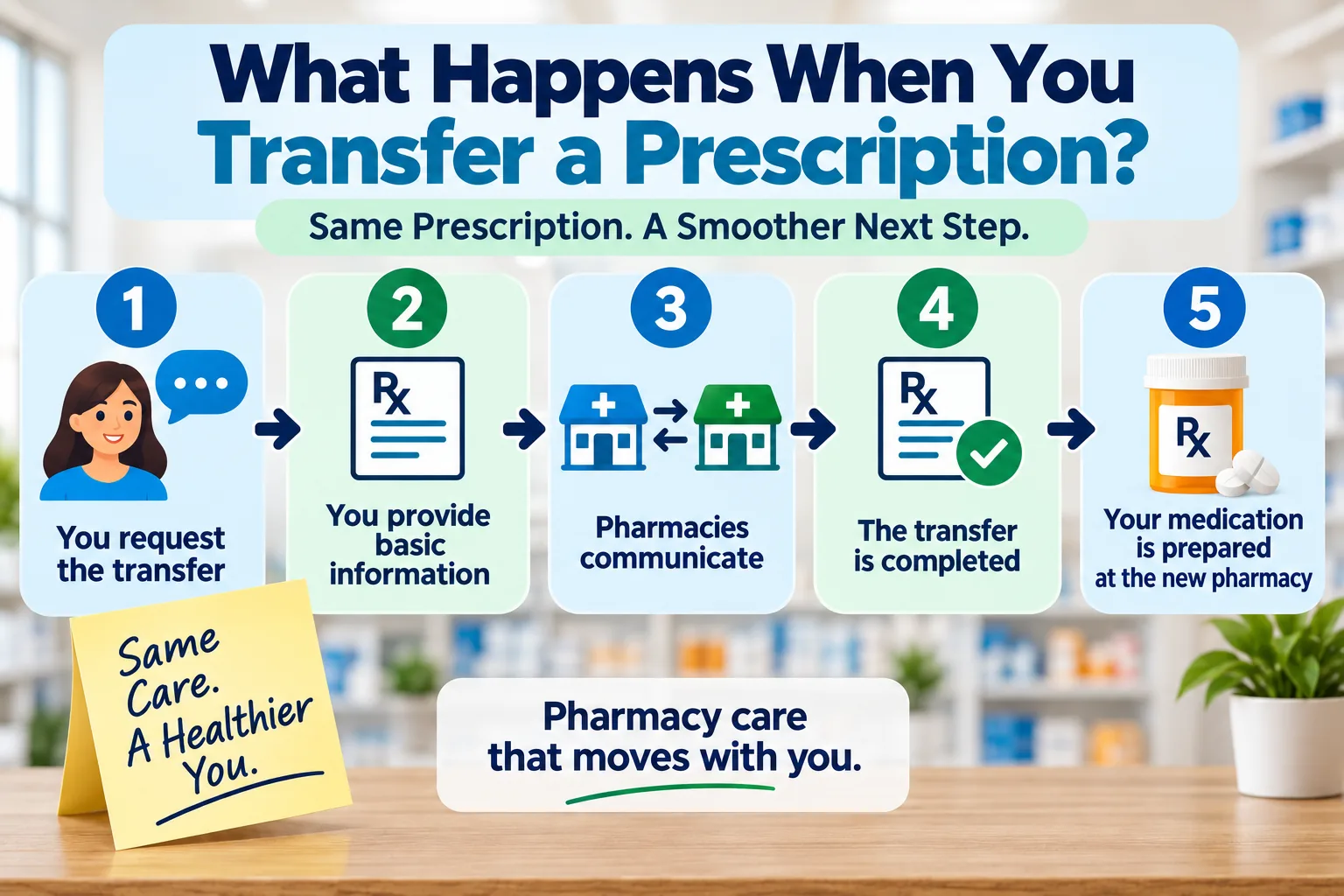 Five-step infographic explaining what happens when you transfer a prescription to another pharmacy