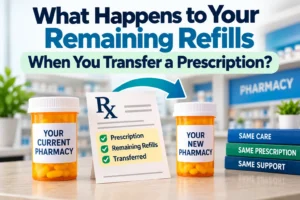 Prescription transfer graphic showing remaining refills moving from a current pharmacy to a new pharmacy