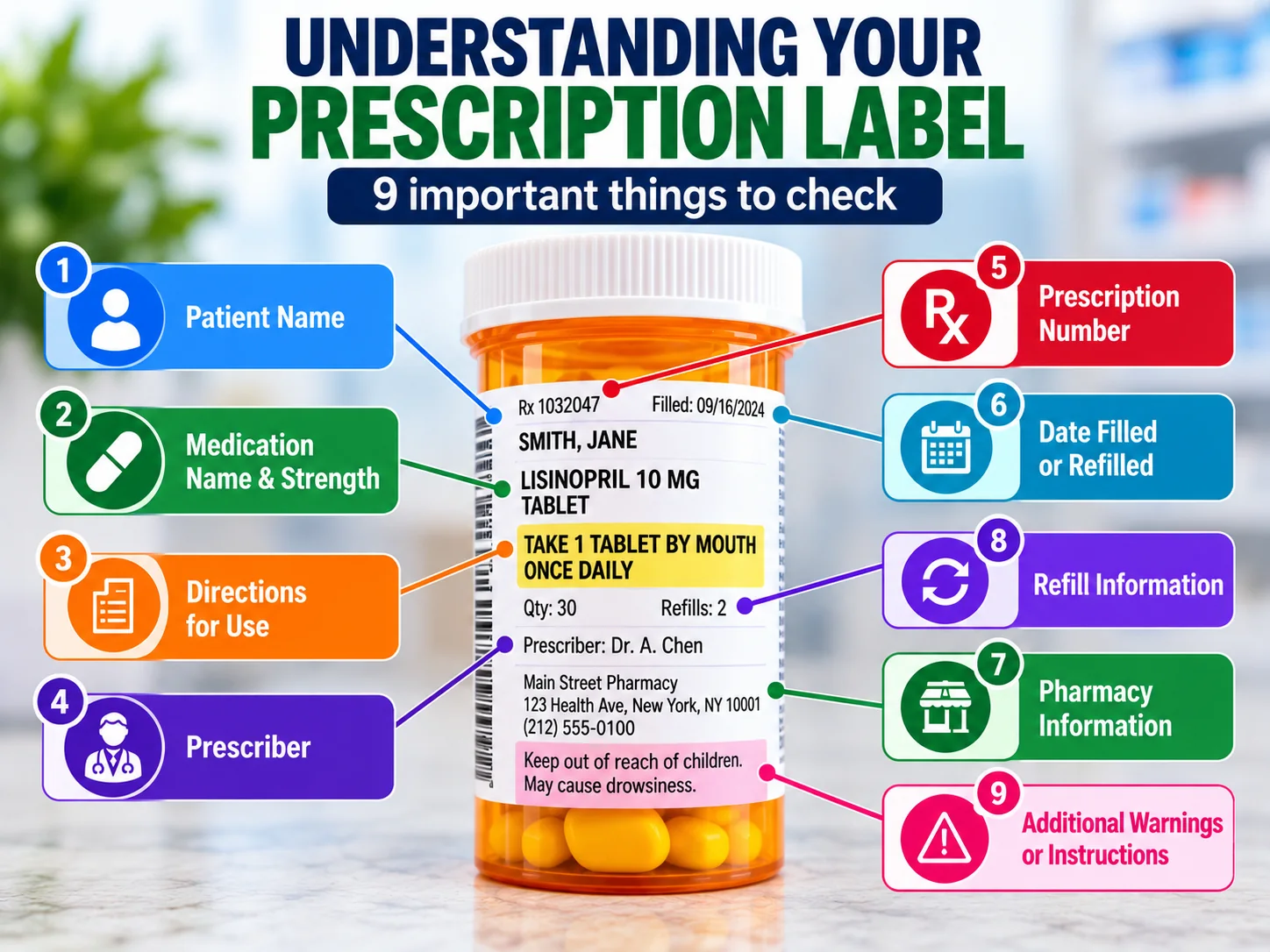 Prescription label infographic showing 9 important items to check, including patient name, medication name and strength, directions, Rx number, prescriber, fill date, pharmacy information, refills, and warnings