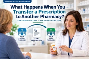 Illustration of a prescription transfer from a current pharmacy to a new pharmacy