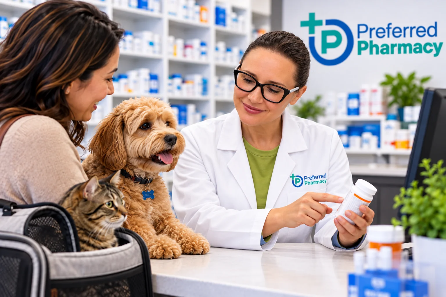 Anna Kelmenson, PharmD, reviewing a prescription bottle with a pet owner beside a dog and a cat at Preferred Pharmacy.