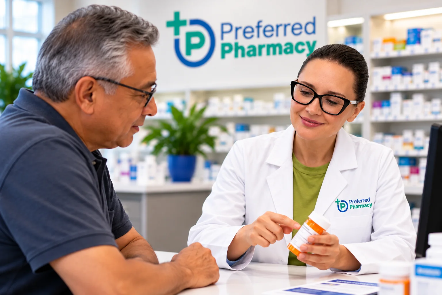 Anna Kelmenson, PharmD, explaining a prescription bottle label to a patient at Preferred Pharmacy.