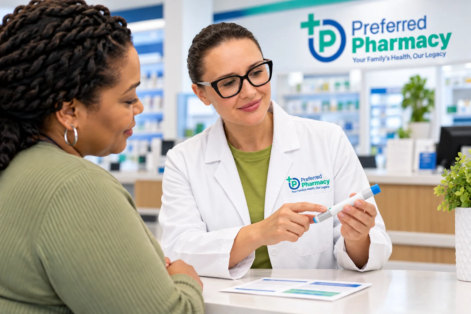 Anna Kelmenson, PharmD, demonstrating an injection pen to a patient at Preferred Pharmacy.